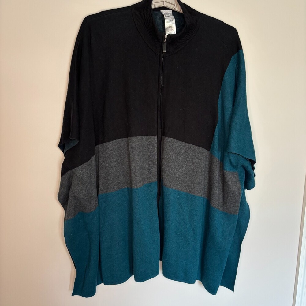 CHICO'S Cashmere Blend Full Zip Mock Neck Cape Cardigan Womens S/M Black Green